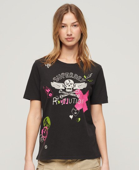 Superdry Women's Lo-Fi Punk Poster Relaxed T-Shirt Black / Bison Black