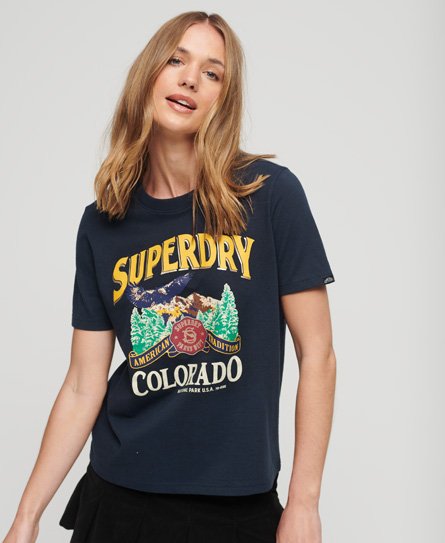 Superdry - women's damen marineblau und gelb travel souvenir t-shirt mit grafik, größe: 38 - größe: 38