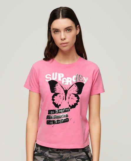 Superdry Vrouwen Lo-fi Rock T-shirt met Grafische Print Roze
