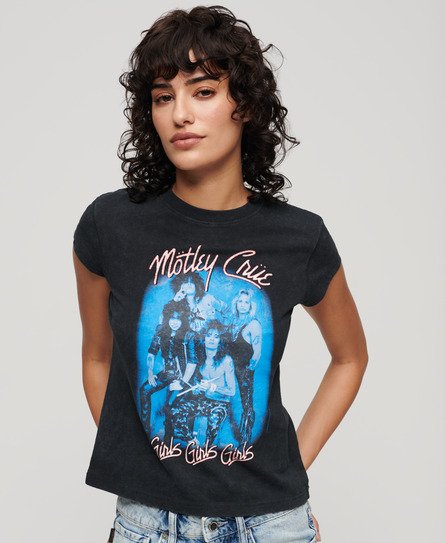 Superdry Women's Damen Schwarz und Blau Mötley Crüe T-Shirt mit Flügelärmeln Bedruckt, Größe: 40