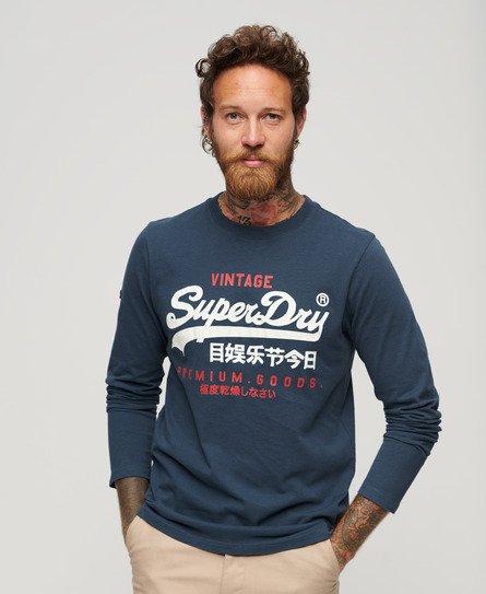 Superdry Men's Classic Logo Print Graphic Long Sleeve Top, Blue and White