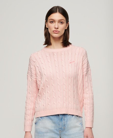 Superdry Women’s Vintage Dropped Shoulder Cable Knit Jumper Pink / Barely Pink - Size: 14