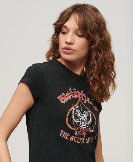 Superdry X Motörhead Ladies Slim Fit Graphic Print Cap Sleeve Band T-Shirt, Black, Size: 10