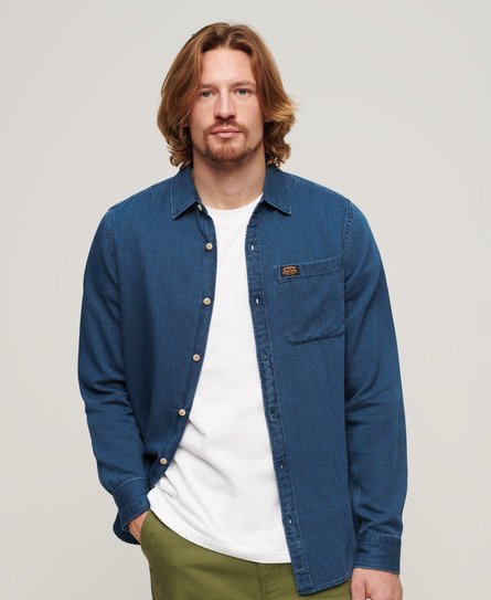 Superdry Mens Lightweight Herringbone Organic Cotton Long Sleeve Denim Shirt, Blue