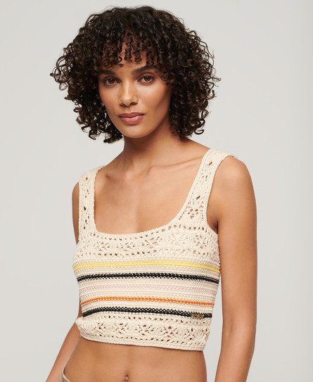 Superdry Women’s Lace-up Crochet Cropped Vest Top Cream / Buttercream Mini Stripe - Size: 10