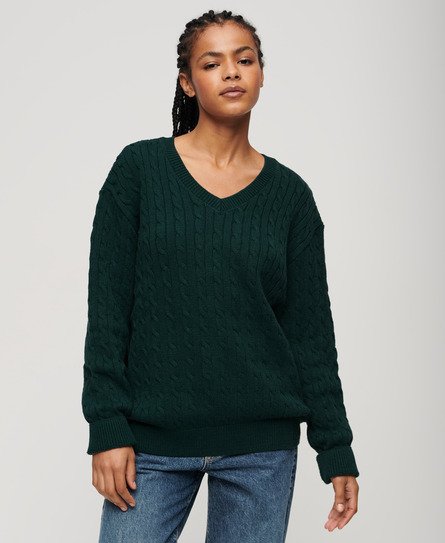 Superdry Women's OverGrößed-Pullover mit V-Ausschnitt und Zopfmuster Grün
