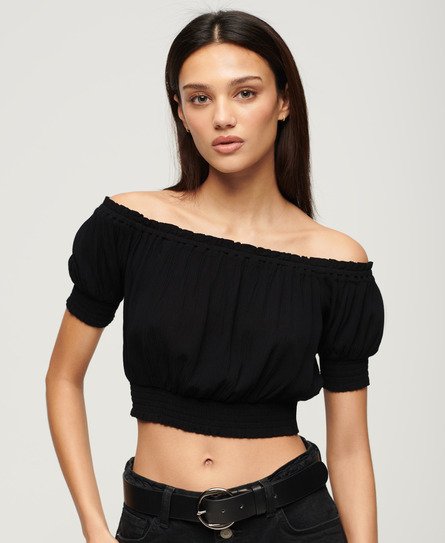 Superdry Women’s Smocked Short Sleeve Crop Top Black - Size: 8