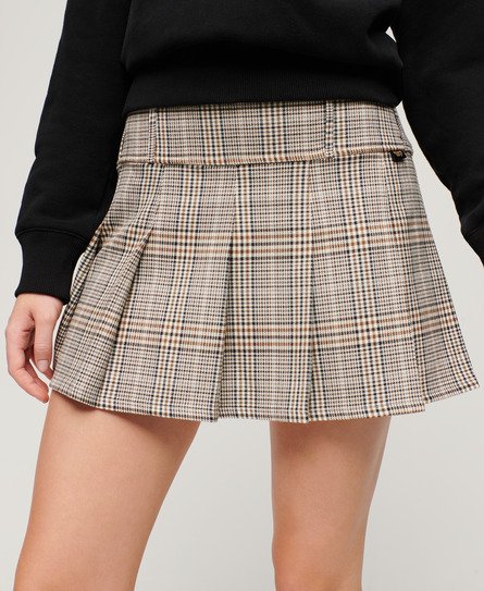 Superdry Ladies Classic Checked Low Rise Pleated Mini Skirt, Beige, Size: 6