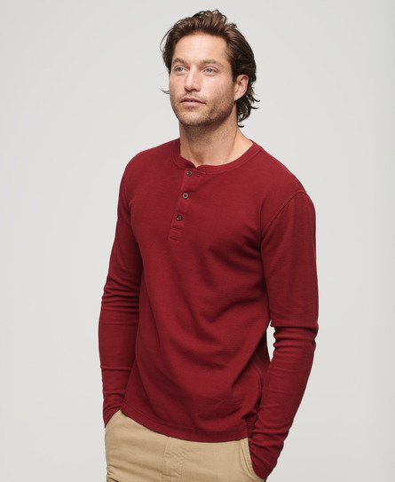 Superdry Men’s Waffle Long Sleeve Henley Top Red / Stanton Red - Size: M