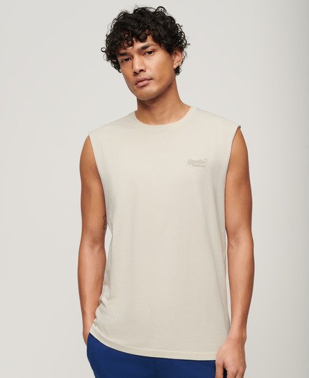 Superdry Mens Classic Embroidered Logo Organic Cotton Essential Tank Top, Beige, Size: M