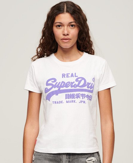 Superdry Women's Figurbetontes T-Shirt mit Neonfarbener Grafik Weiß