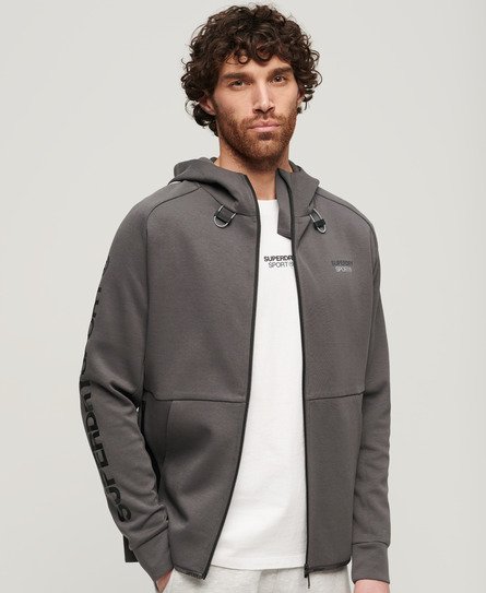 Superdry Mens Classic Embroidered Logo Sport Tech Loose Zip Hoodie, Dark Grey, Size: M