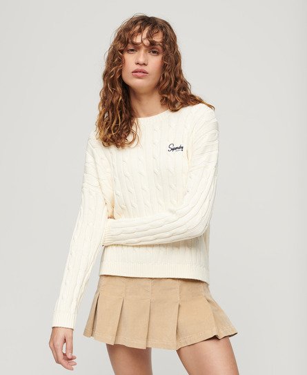 Superdry Women’s Vintage Dropped Shoulder Cable Knit Jumper White / Off White - Size: 14