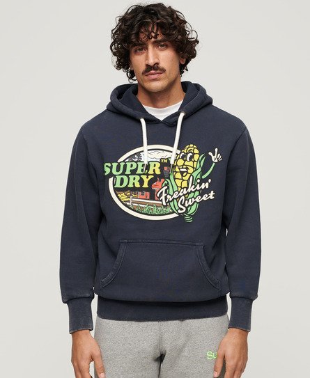 Superdry - men's locker geschnittenes hoodie mit reisegrafik in neon-optik marineblau - größe: s