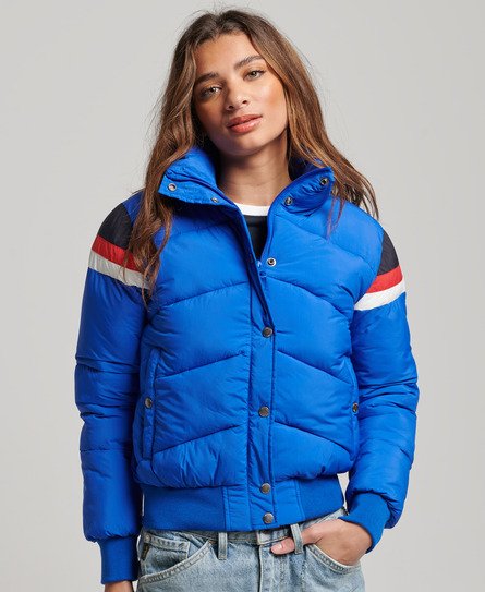 Superdry Women’s Fully lined Stripe Retro Panel Short Puffer Jacket, Blue, White and Black, Size: 12