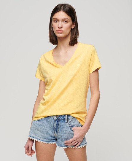 Superdry Women’s Slub Embroidered V-Neck T-Shirt Yellow / Pale Yellow - Size: 8