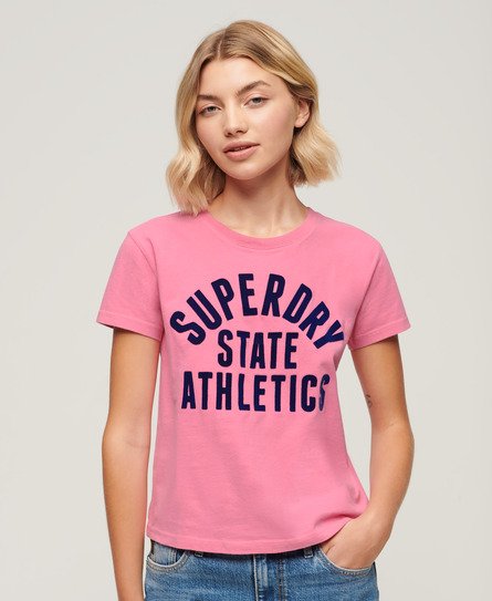 Superdry Damen Tailliertes, Beflocktes Varsity T-Shirt Pink