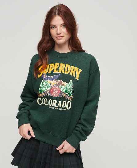 Superdry Women's Travel Souvenir Sweatshirt mit Rundhalsausschnitt und Grafik Grün