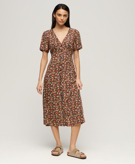Superdry Women's Printed Button-up Short Sleeve Midi Tea Dress Brown / Betsy Ditsy Brown