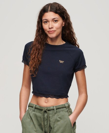 Women’s 90s Lace Trim T-Shirt Navy / Eclipse Navy - Size: 10 -Superdry