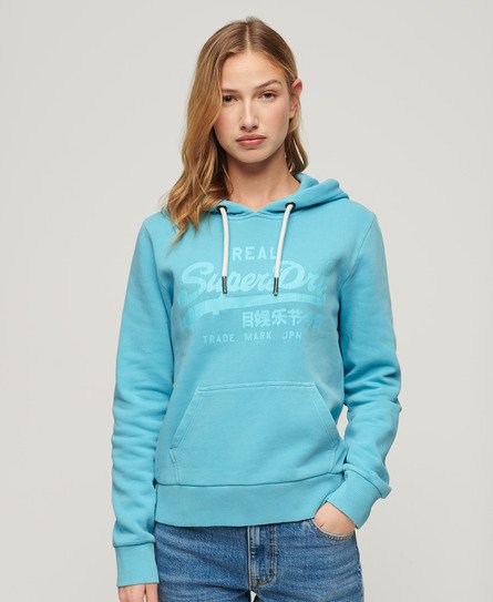 Superdry Ladies Classic Graphic Print Neon Hoodie, Blue, Size: 12