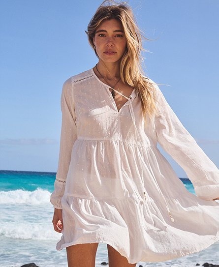 Superdry Femme Robe Courte étincelante à Manches Longues et Volants Ibiza Blanc