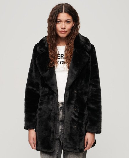 Superdry Vrouwen Vintage Halflange jas van Imitatiebont Zwart