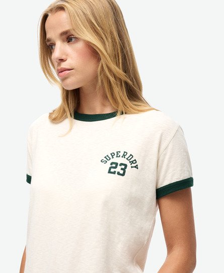 Superdry Damen Figurbetontes Athletic Essentials Ringer-T-Shirt Creme