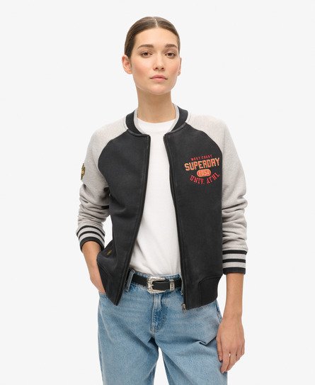 College Script Graphic Jersey Bomber Jacket
