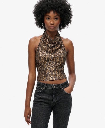 Cowl Halter Neck Sequin Top