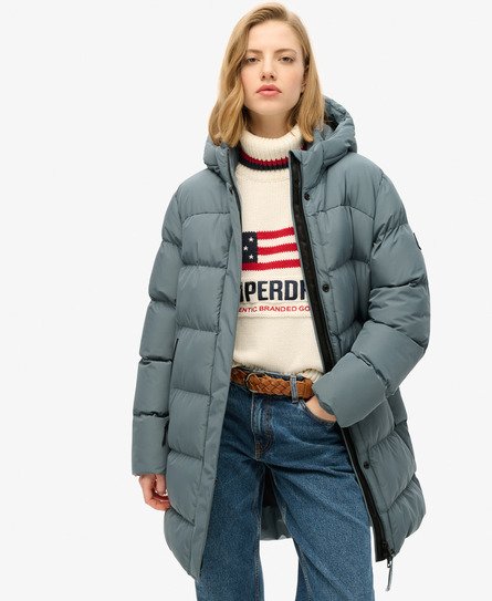 Superdry Vrouwen Sports Halflange Pufferjas met Capuchon Blauw