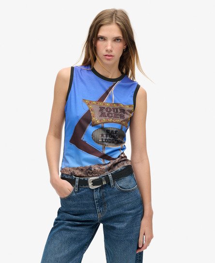 Superdry - damen blau und braun sub oberteil mit print, größe: 36