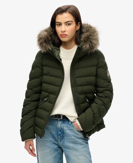 Olive green puffer coat with fur hood best sale