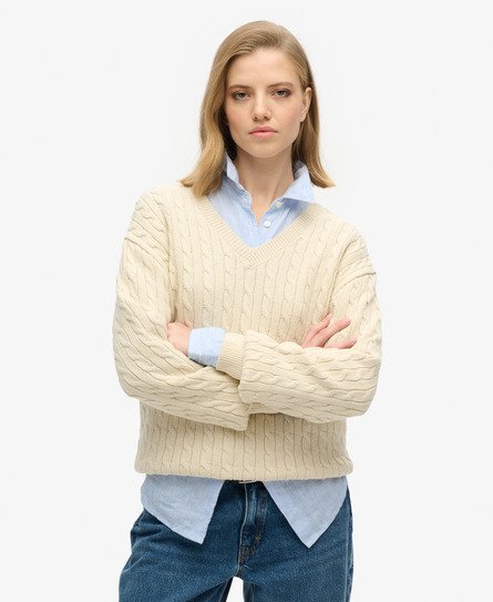 Superdry Vrouwen Oversized Kabeltrui met V-hals Crème