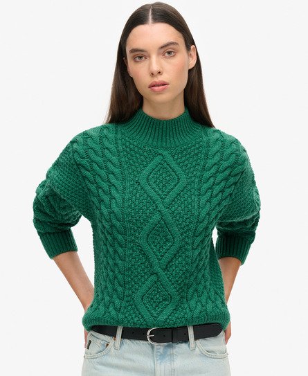 Aran Polo-Strickpullover mit Zopfmuster