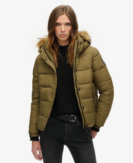 Superdry - women's kurze pufferjacke mit kapuze und kunstfellbesatz kaki - größe: 42