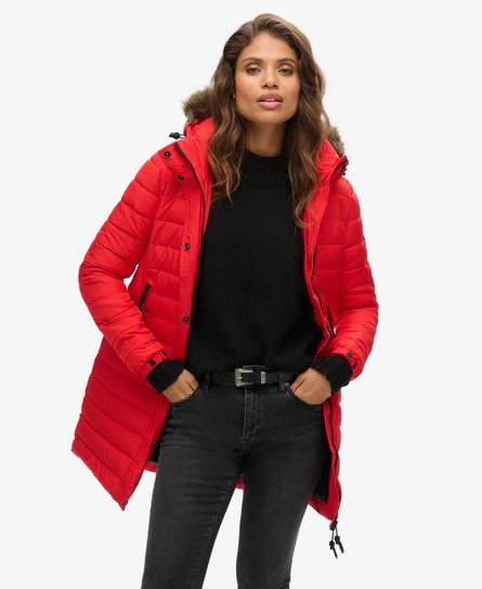 Femme Doudoune mi longue a capuche avec fausse fourrure Rouge Tres Vif Superdry FR