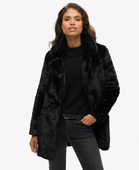 Manteau long noir fausse fourrure sale