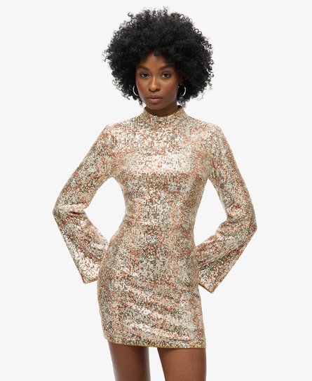 Long-Sleeved Printed Sequin Mini Dress