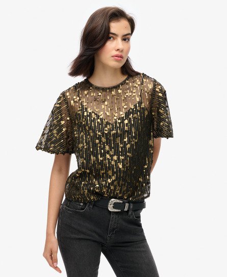 Sheer Short Sleeve Sequin Top