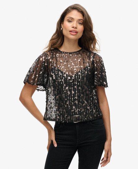 Top trasparente a maniche corte con paillettes