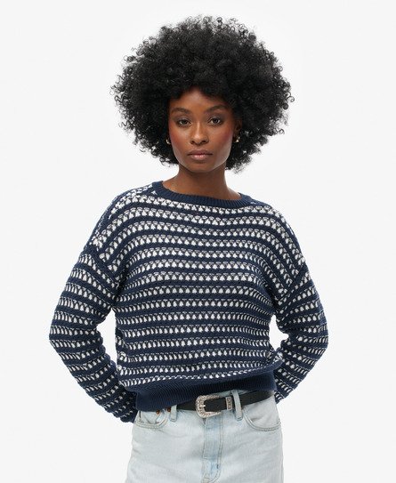 Stripe Crochet Cropped Crew Jumper