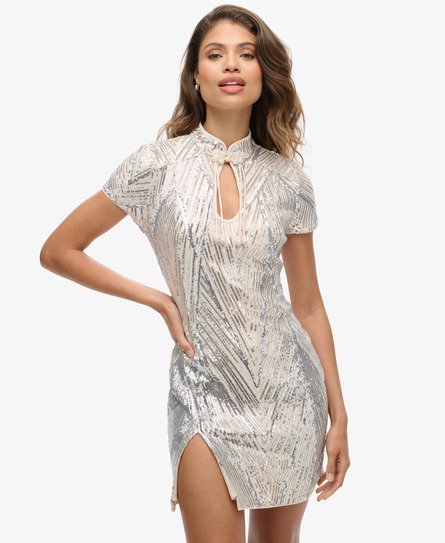  Mandarin Sequin Mini Dress