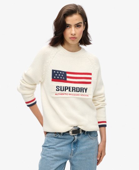 Superdry Vrouwen Americana Gebreide Trui met Ronde Hals Crème