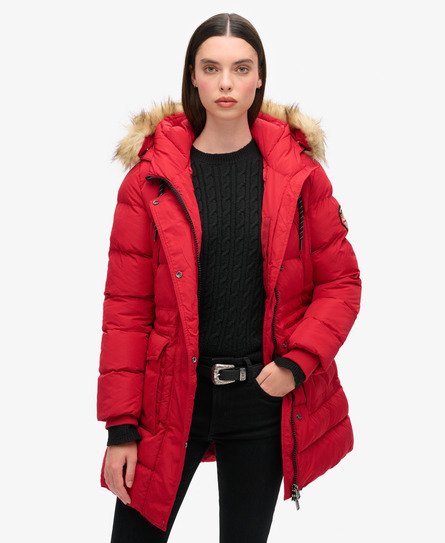 Superdry Vrouwen Everest Mid Pufferjas van Imitatiebont Rood