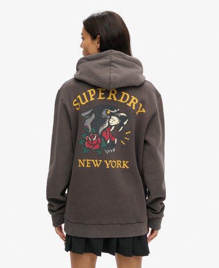 Superdry Vrouwen Tattoo Hoodie met Losse Pasvorm en Print op de Achterkant Zwart