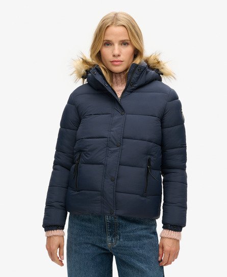 Blue puffer jacket with fur hood hotsell