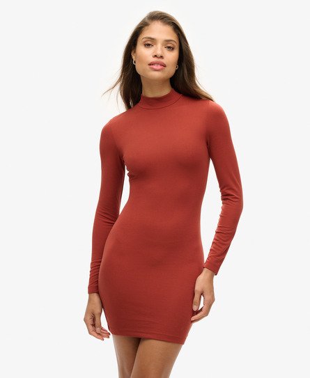 High Neck Long Sleeve Jersey Mini Dress