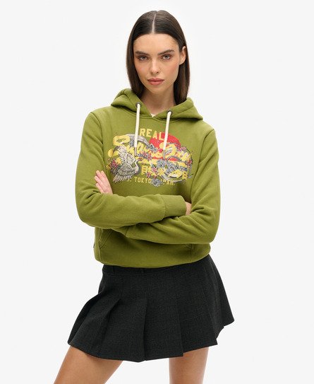 Superdry Vrouwen Tokyo Hoodie met Vintage Logo en Grafische Print Khaki