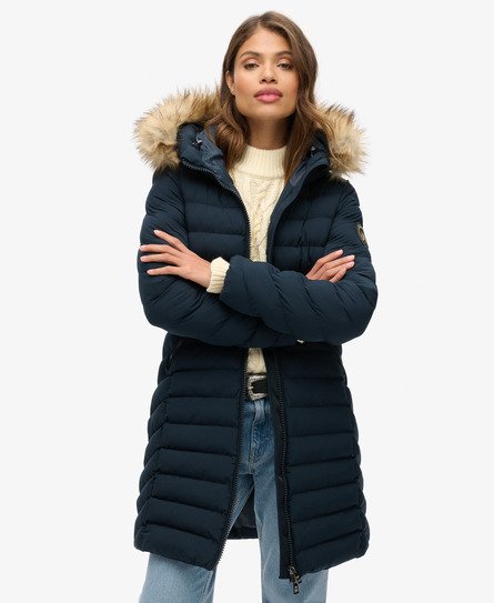 Navy padded coat with fur hood best sale